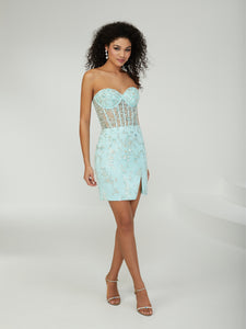 Allover Beaded Tulle Short Sheath Dress In Aqua