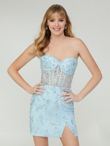 Allover Beaded Tulle Short Sheath Dress In Sky