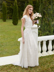 Blouson Bodice Beaded Tulle Gown In Ivory Pearl