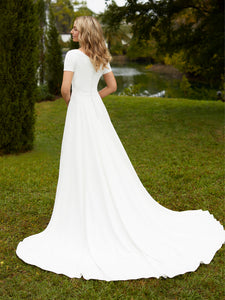 V Neck A Line Gown With Short Sleeves In Ivory
