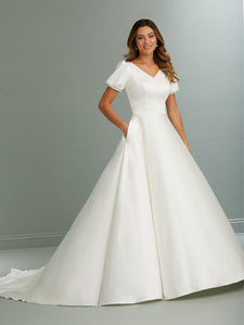A Line Satin Gown With Short Puff Sleeves In Ivory