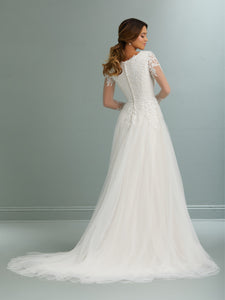 A Line Tulle Gown With Illusion Sleeves In Ivory Almond