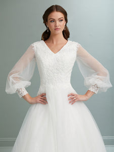V Neckline Fully Beaded Bodice And Puff Sleeves In Ivory