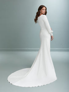 Slim Satin Gown Jeweled Neckline And Long Cuffed Sleeves In Ivory