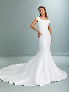Stretch Mikado Trumpet Gown With Square Neckline In Ivory