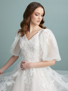 Lace A-Line Gown With Puff Sleeves In Ivory/French Lilac In Ivory French Lilac