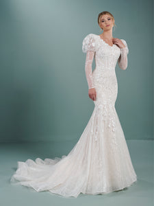 All Over Lace Gown With Leg A Mutton Sleeve In Ivory Almond
