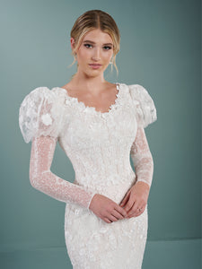 All Over Lace Gown With Leg A Mutton Sleeve In Ivory Almond