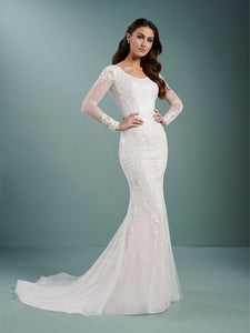 Dotted Mesh Scoop Neck Long Sleeve Wedding Gown In Ivory Almond