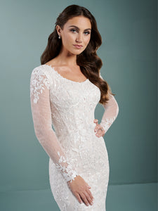 Dotted Mesh Scoop Neck Long Sleeve Wedding Gown In Ivory Almond