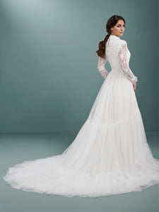 Mock Neck Long Sleeve A Line Tulle Gown In Ivory