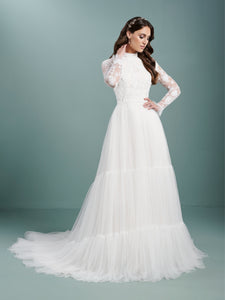 Mock Neck Long Sleeve A Line Tulle Gown In Ivory