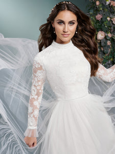 Mock Neck Long Sleeve A Line Tulle Gown In Ivory