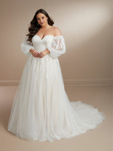 Lace And Tulle Strapless Sweetheart A-Line With Detachable Sleeves In Ivory/Almond In Ivory Almond