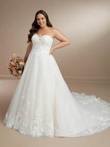 Lace And Tulle Strapless Sweetheart A-Line Gown In Ivory/Blush In Ivory Ivory