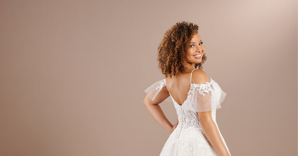 Detachable Flutter Sleeve Lace A Line Gown In Ivory Almond | Christina Wu