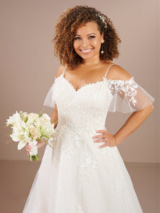 Detachable Flutter Sleeve Lace A Line Gown In Ivory Almond