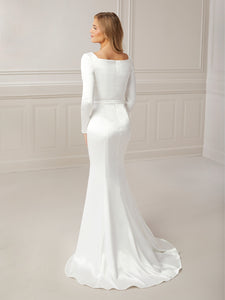 Square Neck Fit And Flare Charmeuse Satin Gown In Ivory In Ivory