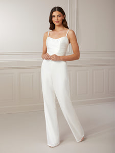 Draped Bodice Jumpsuit In Charmeuse Satin In Ivory In Ivory