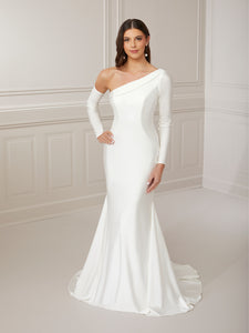 One-Shoulder Fit And Flare Charmeuse Satin Gown In Ivory In Ivory