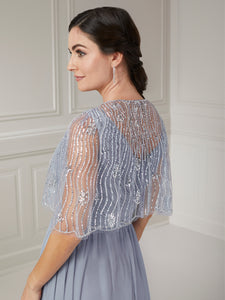 Finely Pleated Gown With Beaded Detachable Tulle Cape In Misty Blue