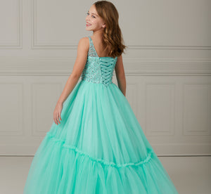 Hand-Beaded Tulle Scoop Neck A-Line Gown In Aqua