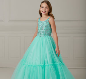 Hand-Beaded Tulle Scoop Neck A-Line Gown In Aqua