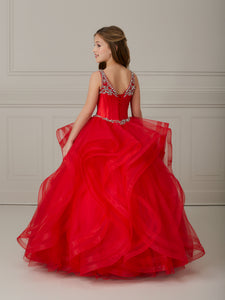 Tulle And Mikado Scoop Neck Ruffle Gown In Red