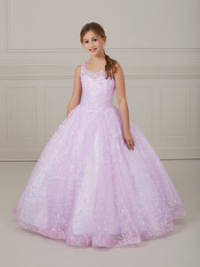 Glitter Floral Tulle Scoop Neck A-Line Gown In Lilac Ivory