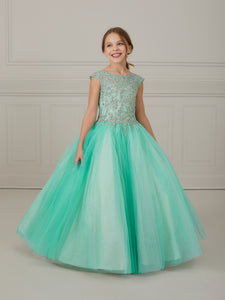 Glitter Floral Tulle Scoop Neck Gown In Aqua