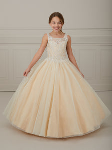 Glitter Floral And Layered Tulle A-Line Gown In Champagne