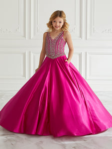 Beaded Satin Gown With Lace Up Back In Magenta