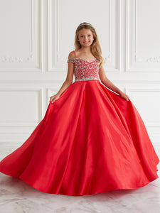 Beaded Satin Gown With Lace Up Back In Red