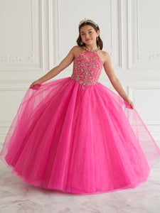 Tulle And Lace Halter Gown In Fuchsia