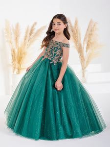 Lace And Sparkle Tulle Off-The-Shoulder Gown In Emerald Rose Gold