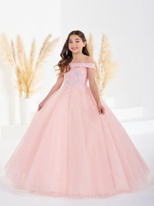 Rose Lace And Sparkle Tulle Off-The-Shoulder Gown In Blush