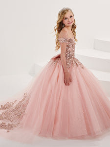 Rose Embroidered And Sequined Lace Off-The-Shoulder Gown With Detachable Train In Blush