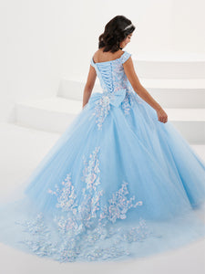 Rose Embroidered And Sequined Lace Off-The-Shoulder Gown With Detachable Train In Sky