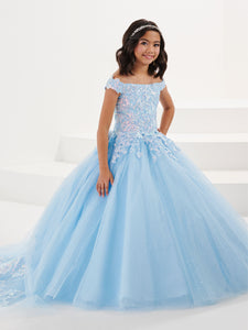 Rose Embroidered And Sequined Lace Off-The-Shoulder Gown With Detachable Train In Sky