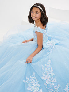 Rose Embroidered And Sequined Lace Off-The-Shoulder Gown With Detachable Train In Sky
