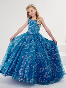 Allover Floral Glitter Gown With Lace-Up Back In Bright Blue