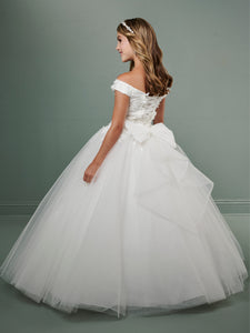 3D Lace And Tulle Off-The-Shoulder Gown With Detachable Bow Tie In Ivory