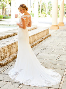 Long Crepe Gown With Lace Cap Sleeves In Ivory Nude