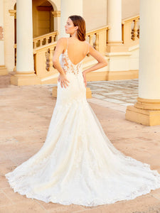 Beaded Spaghetti Strap Lace And Tulle Mermaid Gown In Ivory Cafe Nude