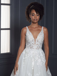 Floral Lace And Hand-Beaded A-Line Gown In Ivory Oyster Nude