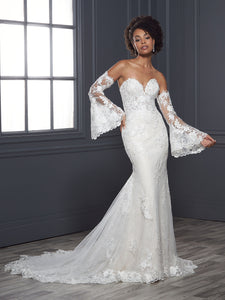 Floral Lace And Tulle Fit-And-Flare Gown With Detachable Sleeves In Ivory Almond Nude