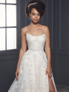 Hand-Beaded And Tulle A-Line Gown With Detachable Spaghetti Straps In Ivory Almond Silver