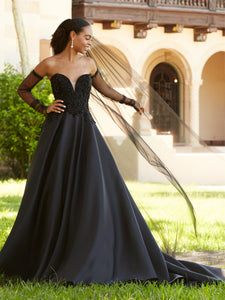Crystal And Mikado A-Line Gown With Detachable Tulle Sleeves In Black