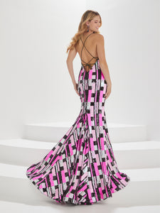 Sequined Gown With Lace-Up Back In Hot Pink Multi
