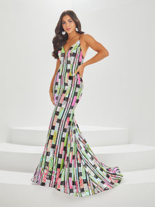 Sequined Gown With Lace-Up Back In Lime Coral Multi